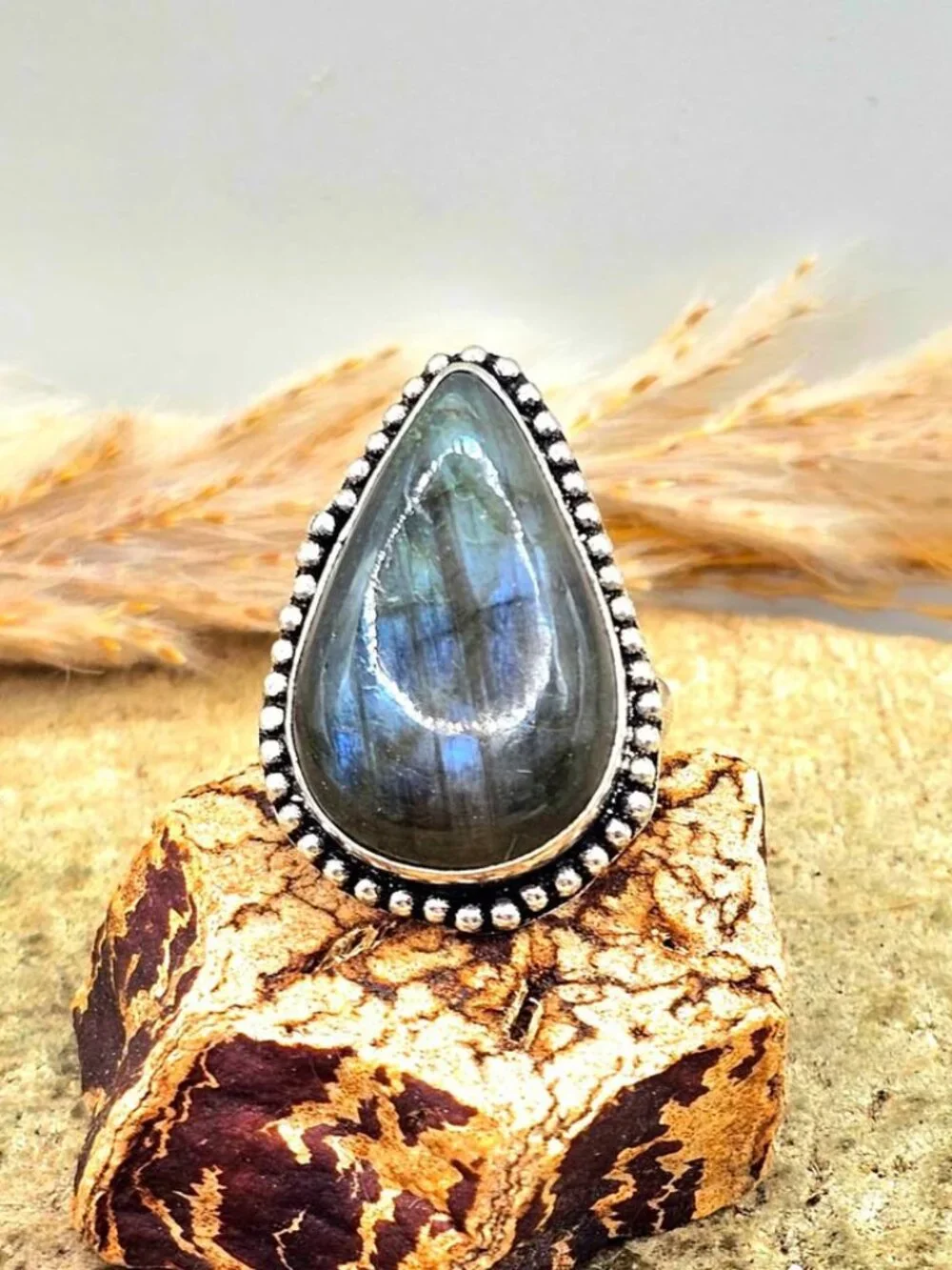 Nature Labradorite Flashy Teardrop Ring ( Size 8.5)
